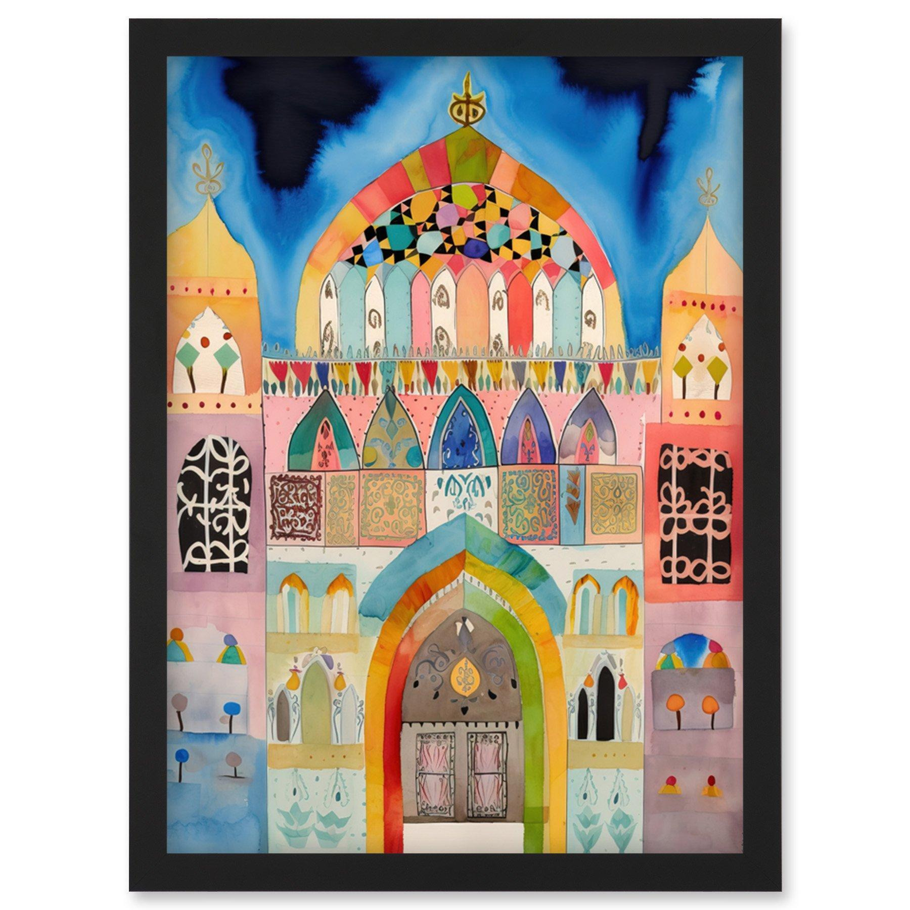 Jewish Synagogue Decorated Facade Folk Art Watercolour Painting Artwork Framed Wall Art Print A4 - image 1