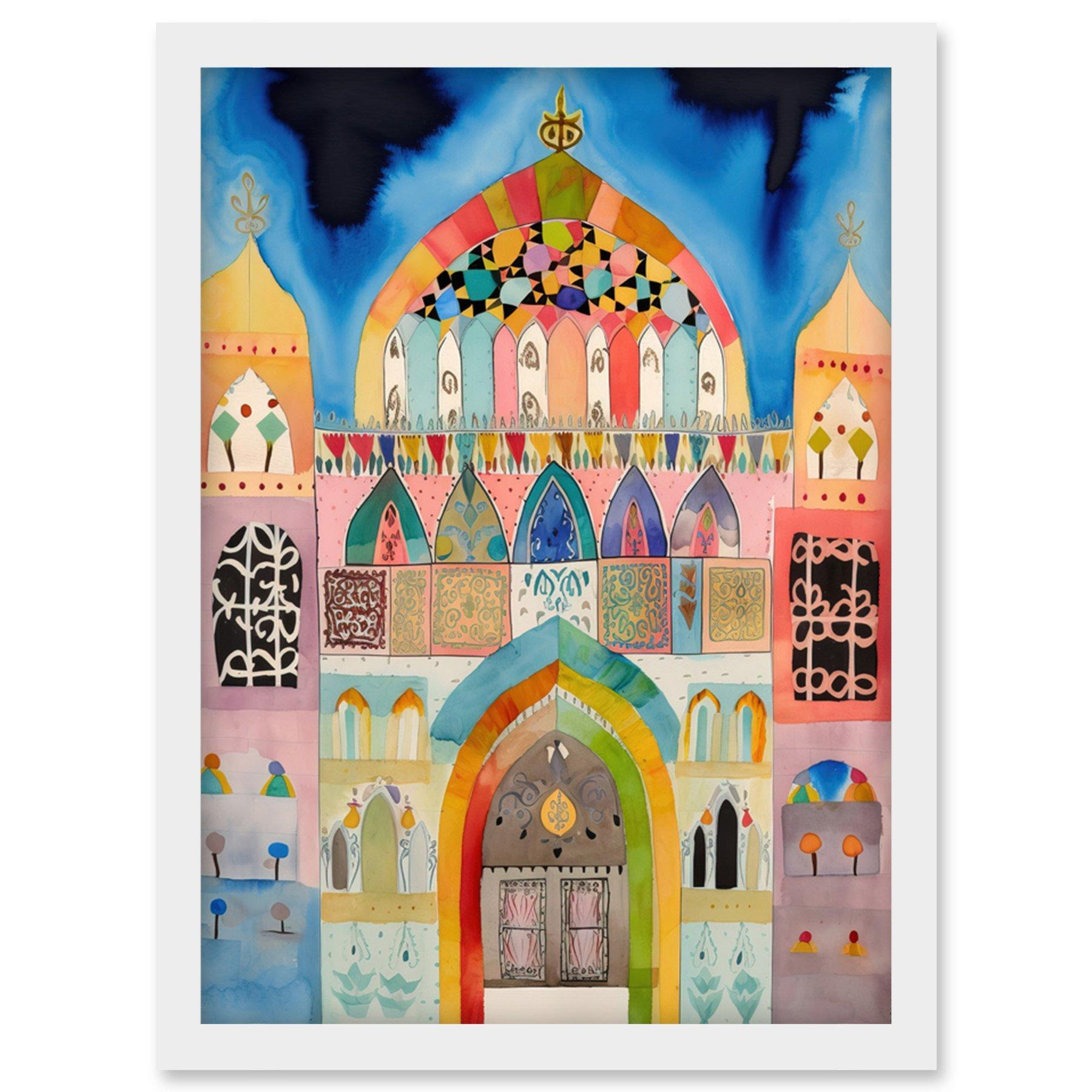 Jewish Synagogue Decorated Facade Folk Art Watercolour Painting Artwork Framed Wall Art Print A4 - image 1