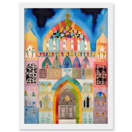 Jewish Synagogue Decorated Facade Folk Art Watercolour Painting Artwork Framed Wall Art Print A4 - thumbnail 1