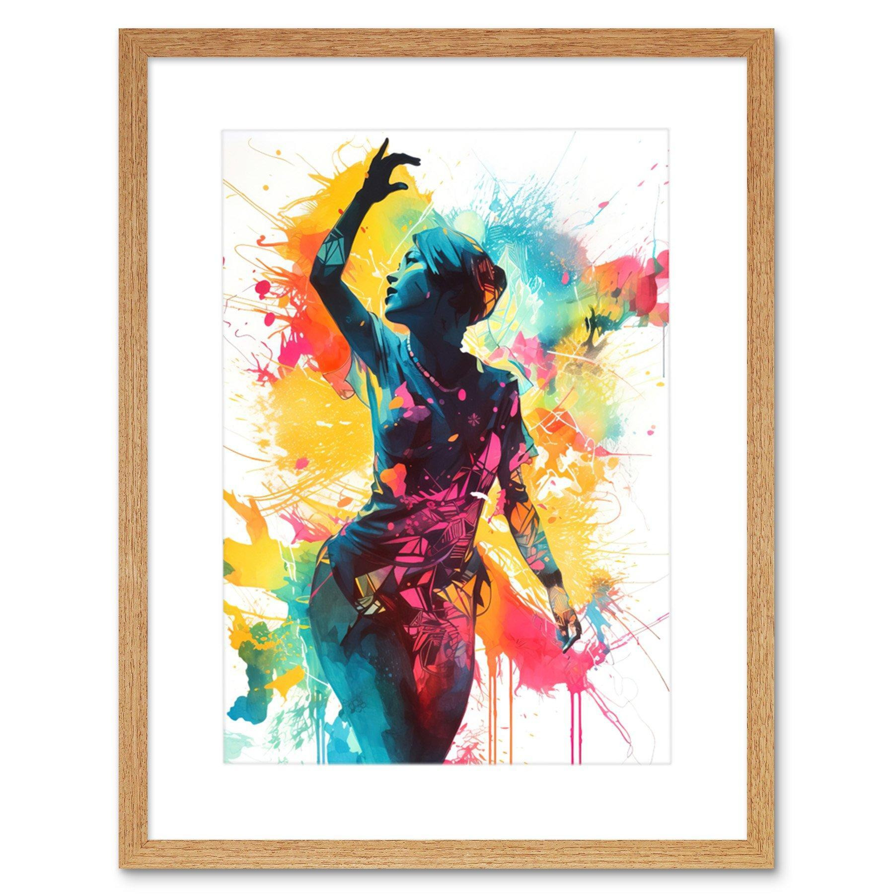 Holi Festival of Colour Woman Dancing to Music Modern Paint Splatter Artwork Framed Wall Art Print 9X7 Inch - image 1