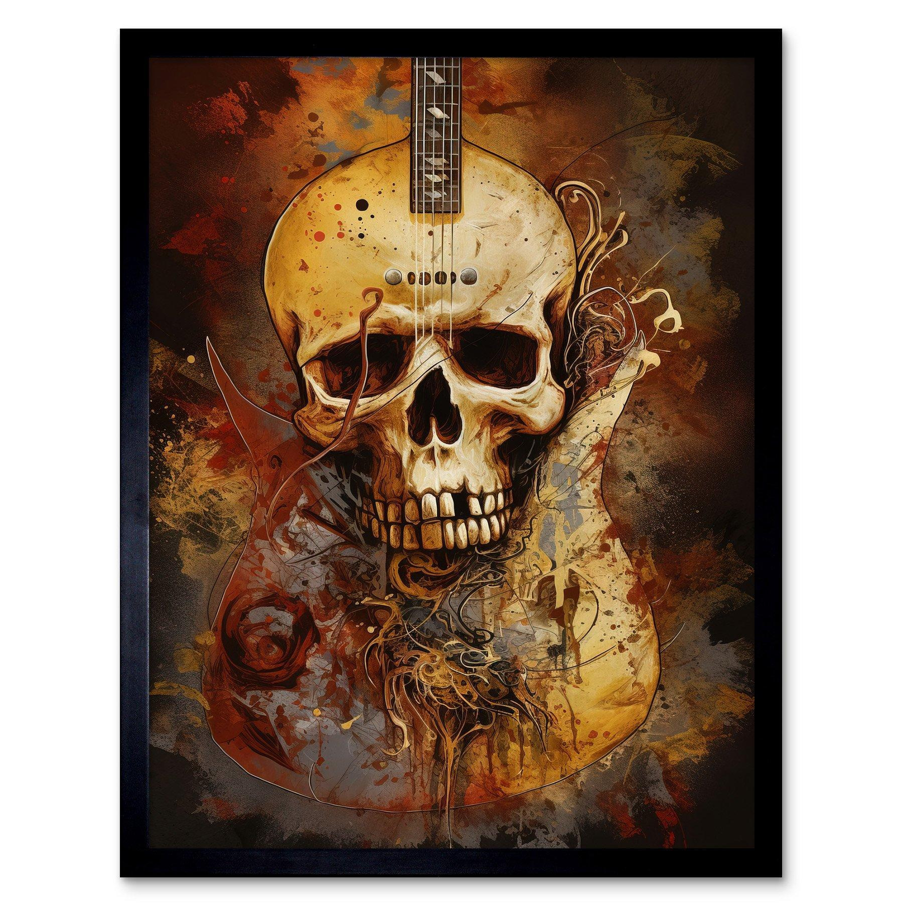 Skull Electric Guitar Death Metal Music Modern Concept Art Painting Art Print Framed Poster Wall Decor 12x16 inch - image 1