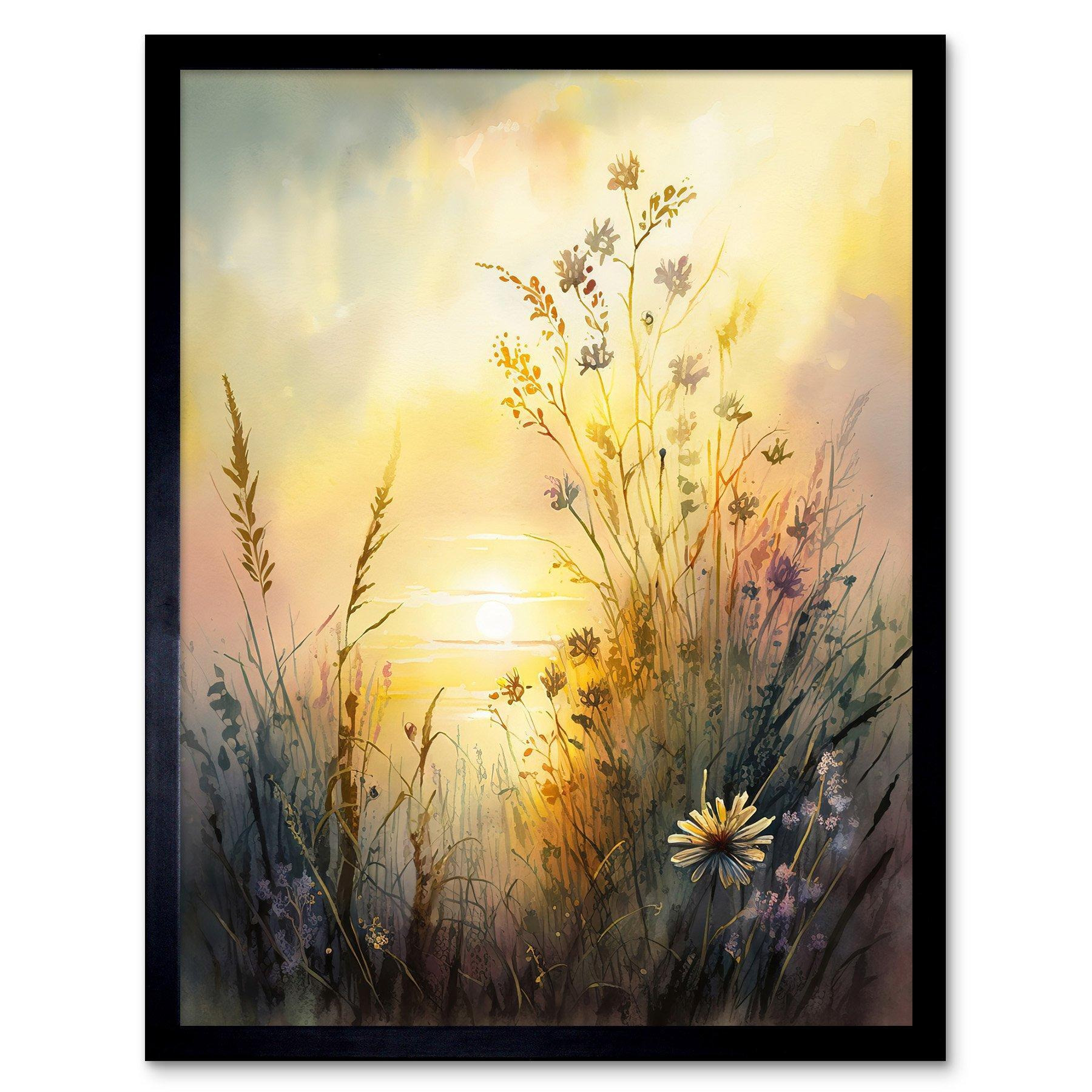Wildflower by Lakeside on a Misty Morning Sunrise Modern Watercolour Painting Art Print Framed Poster Wall Decor 12x16 inch - image 1