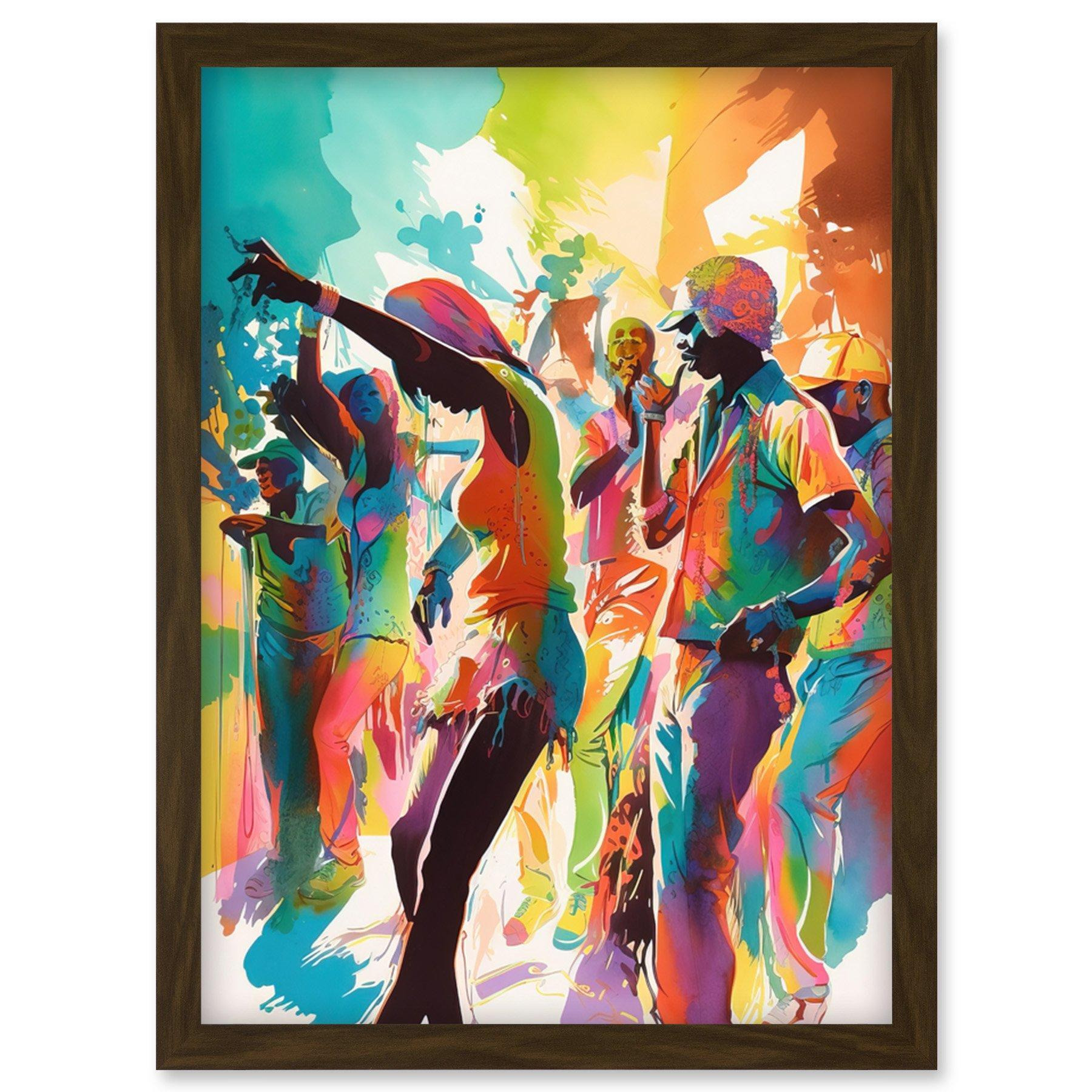 Happy Audience People Dancing to the Beat at Live Concert Gig Modern Rainbow Illustration Artwork Framed Wall Art Print A4 - image 1