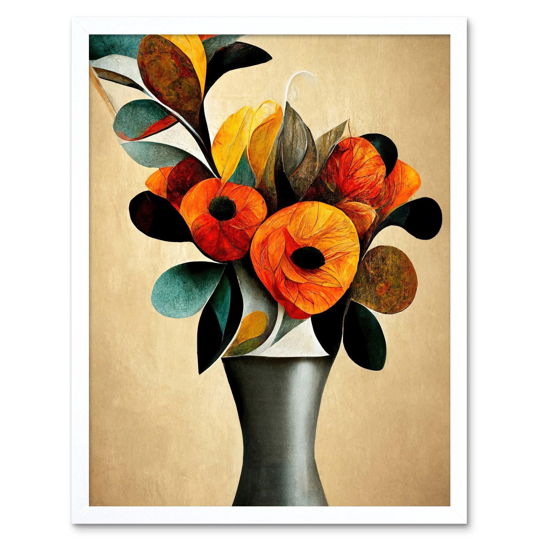 Abstract Autumn Field Flower Bouquet Silver Vase Orange Art Print Framed Poster Wall Decor 12x16 inch - image 1