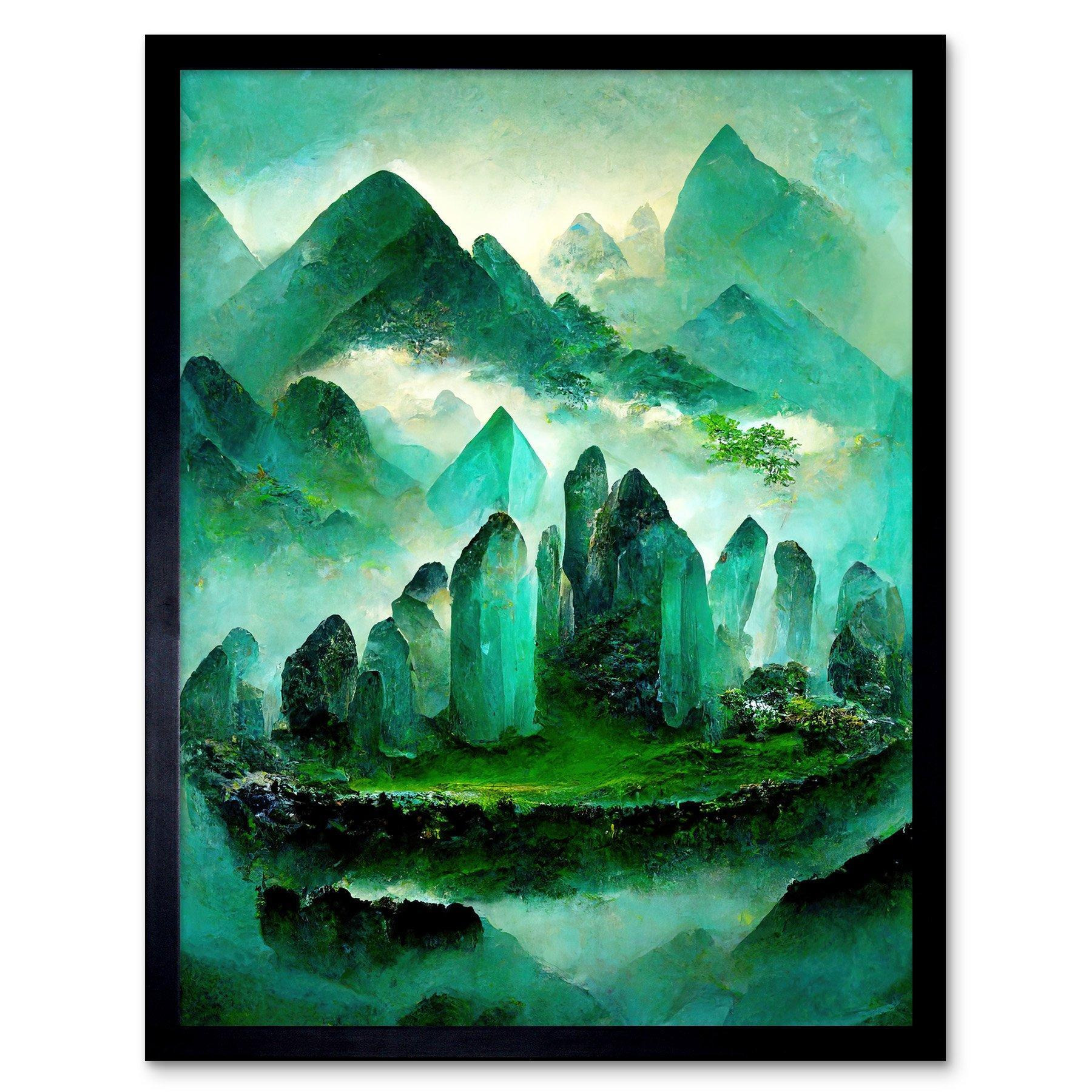 Wall Art Print Mystical New Age Crystal Jade Green Landscape Painting Art Framed - image 1