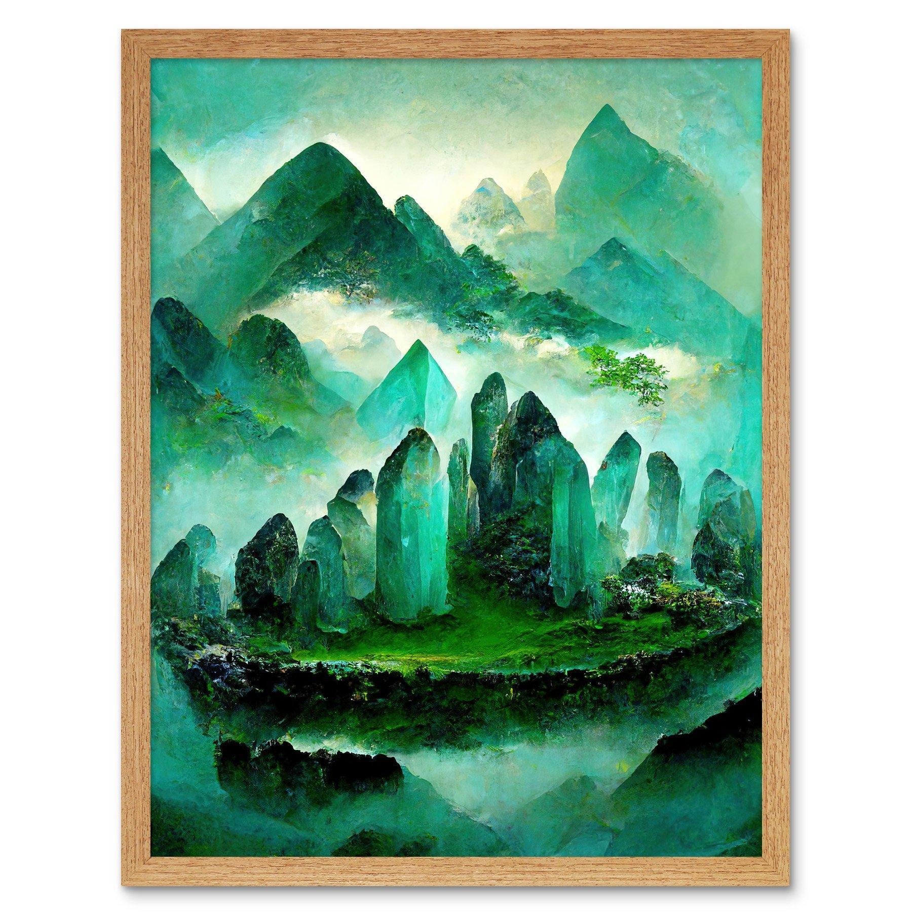 Mystical New Age Crystal Jade Green Landscape Painting Art Print Framed Poster Wall Decor 12x16 inch - image 1