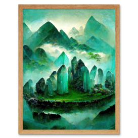 Mystical New Age Crystal Jade Green Landscape Painting Art Print Framed Poster Wall Decor 12x16 inch