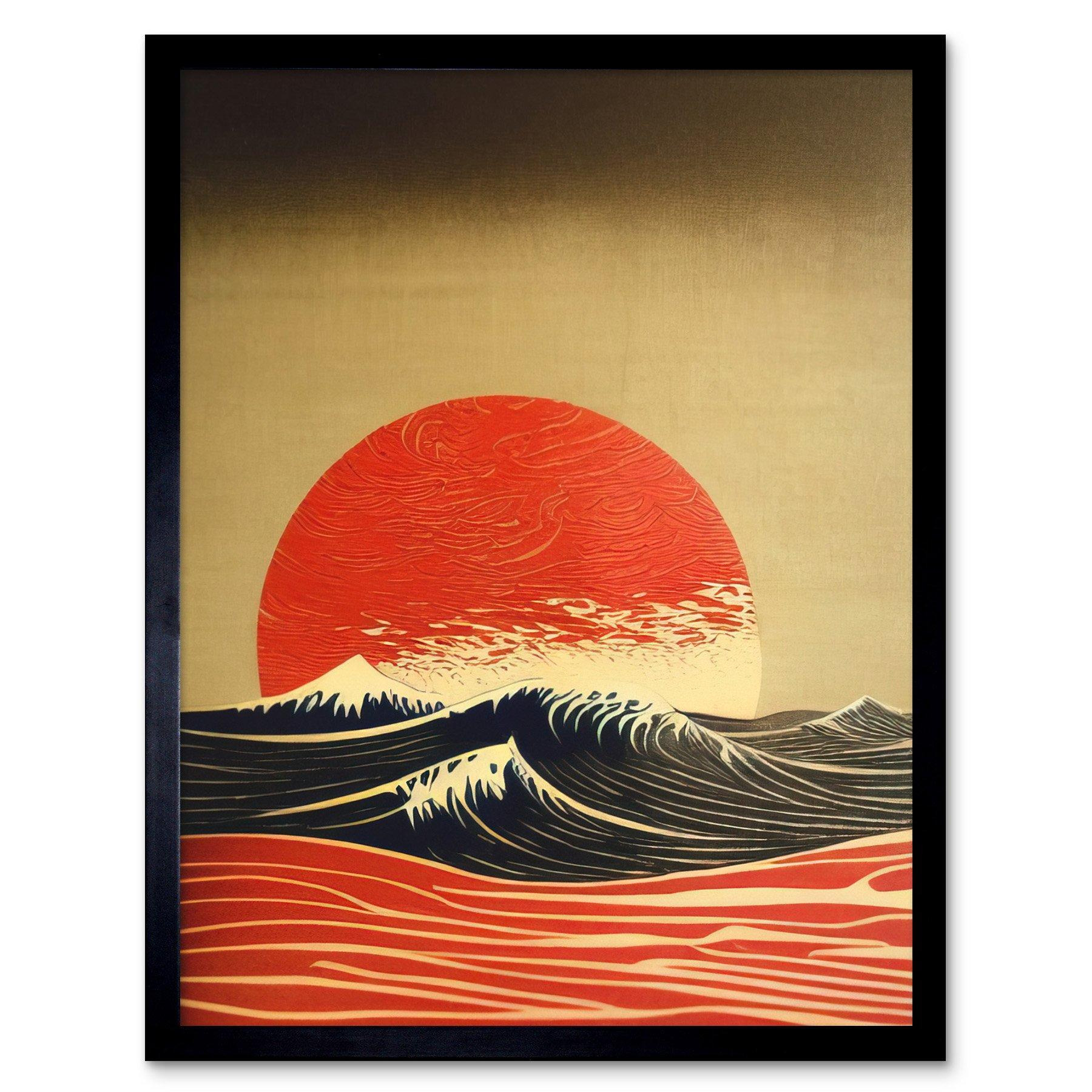 Wall Art Print Modern Kanagawa Waves Red Sunset Linocut Art Framed - image 1