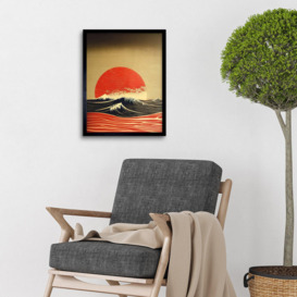 Wall Art Print Modern Kanagawa Waves Red Sunset Linocut Art Framed - thumbnail 2