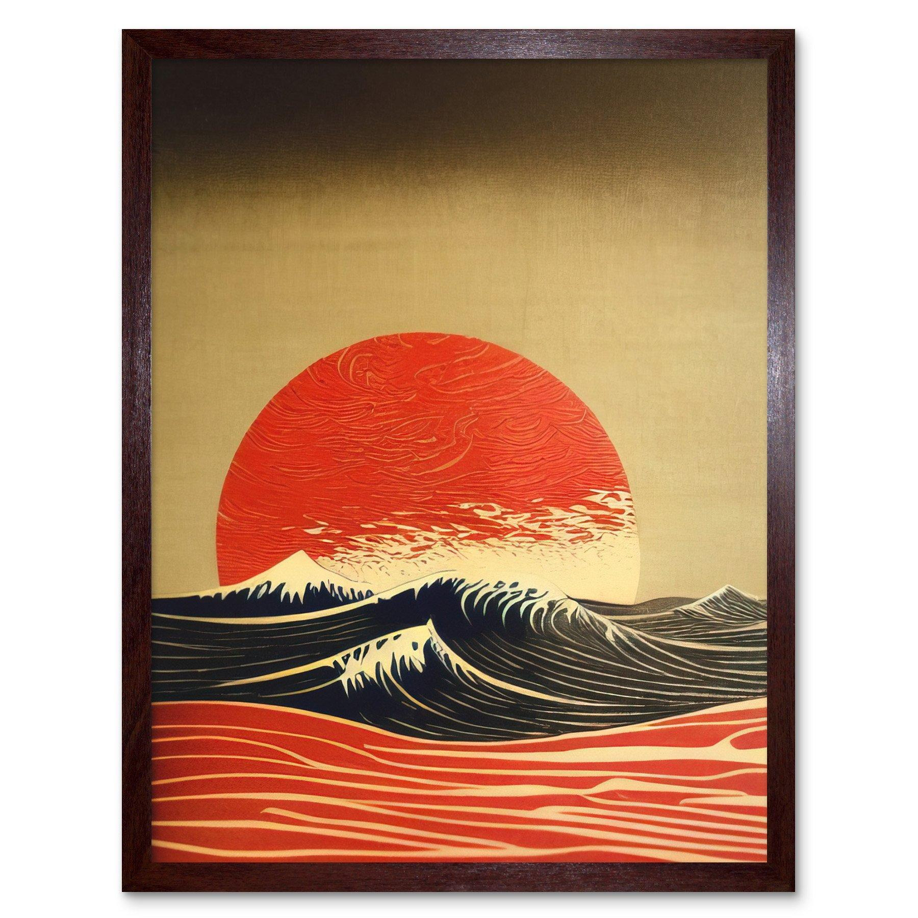 Modern Kanagawa Waves Red Sunset Linocut Art Print Framed Poster Wall Decor 12x16 inch - image 1