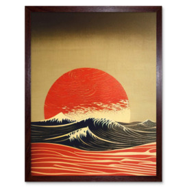 Modern Kanagawa Waves Red Sunset Linocut Art Print Framed Poster Wall Decor 12x16 inch - thumbnail 1