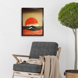 Modern Kanagawa Waves Red Sunset Linocut Art Print Framed Poster Wall Decor 12x16 inch - thumbnail 3