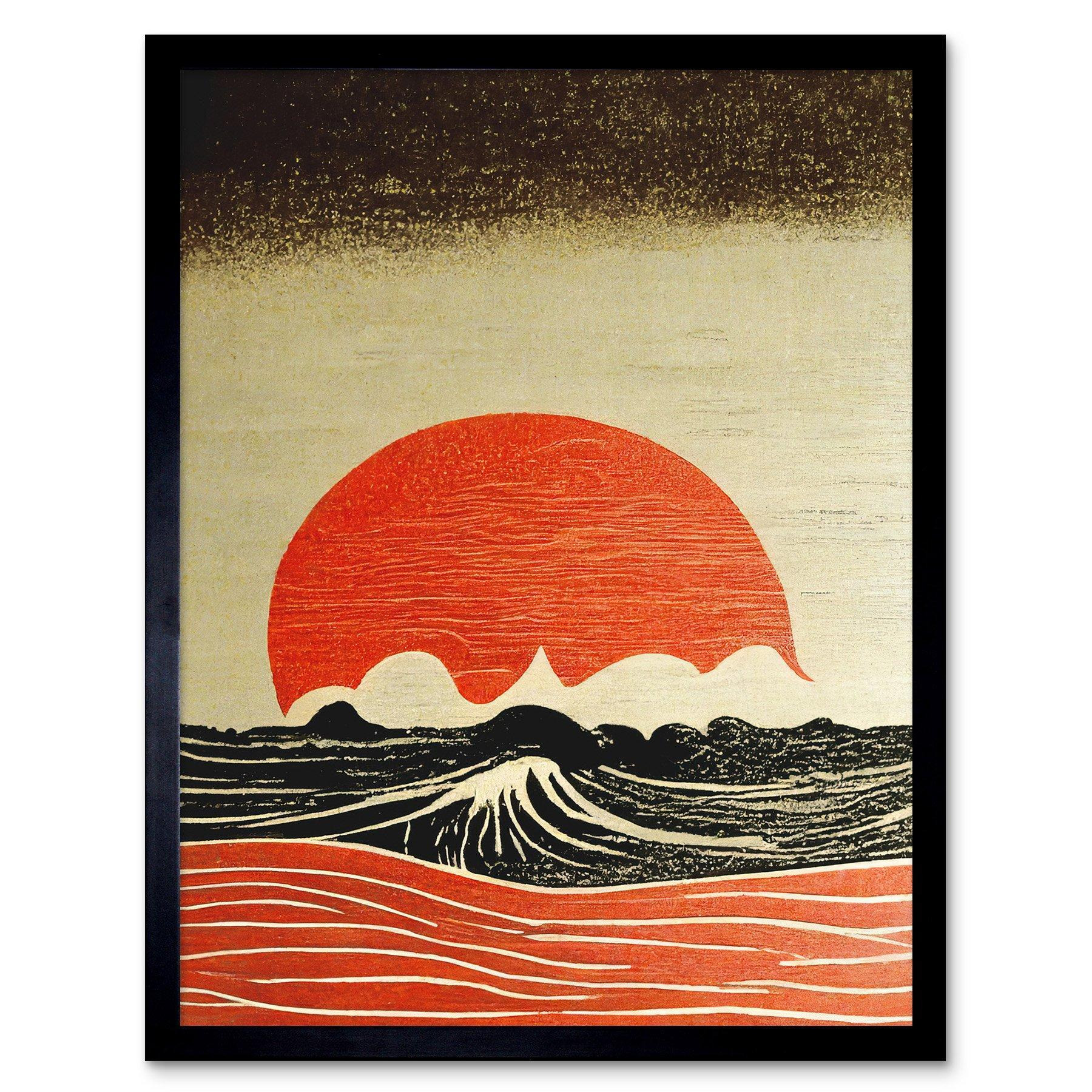Wall Art Print Kanagawa Waves At Sunset Linocut Modern Art Framed - image 1