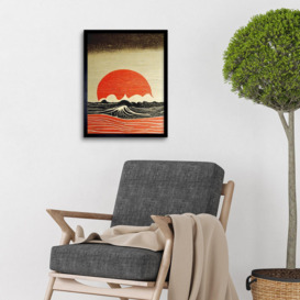 Wall Art Print Kanagawa Waves At Sunset Linocut Modern Art Framed - thumbnail 2