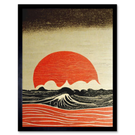 Wall Art Print Kanagawa Waves At Sunset Linocut Modern Art Framed - thumbnail 1