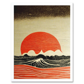 Wall Art Print Kanagawa Waves At Sunset Linocut Modern Art Framed - thumbnail 1
