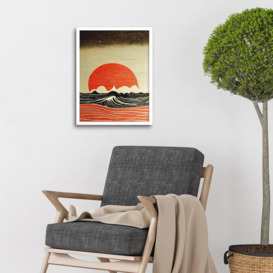 Wall Art Print Kanagawa Waves At Sunset Linocut Modern Art Framed - thumbnail 3
