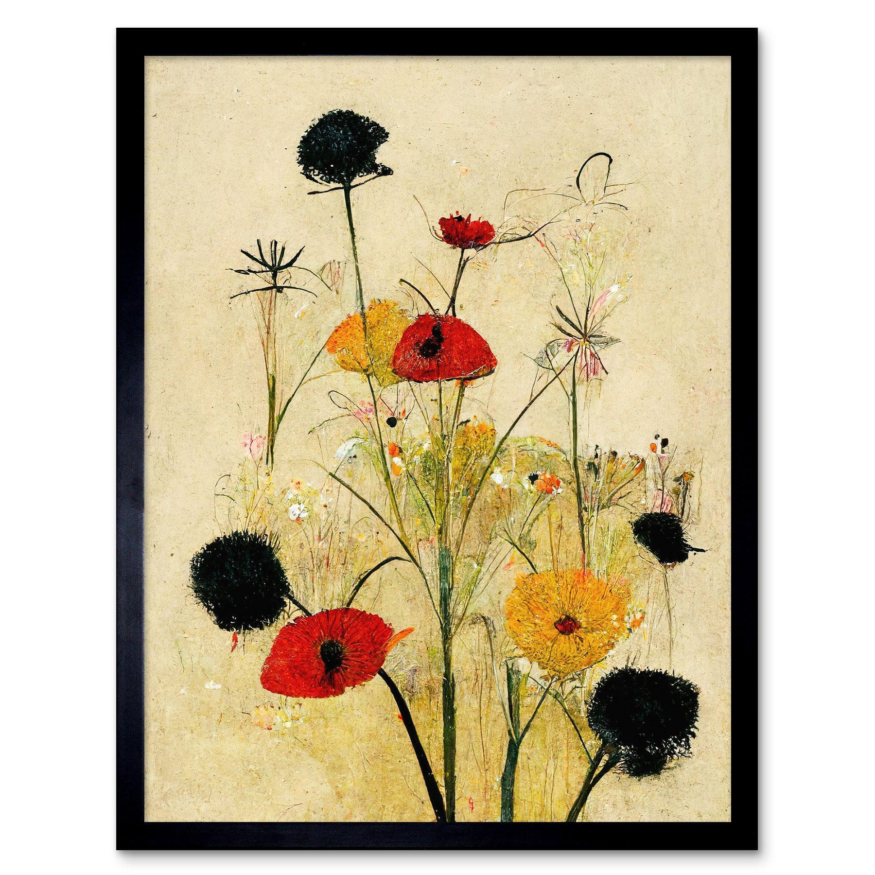 Red Poppies And Yellow Marigolds Wild Flowers Art Print Framed Poster Wall Decor 12x16 inch - image 1