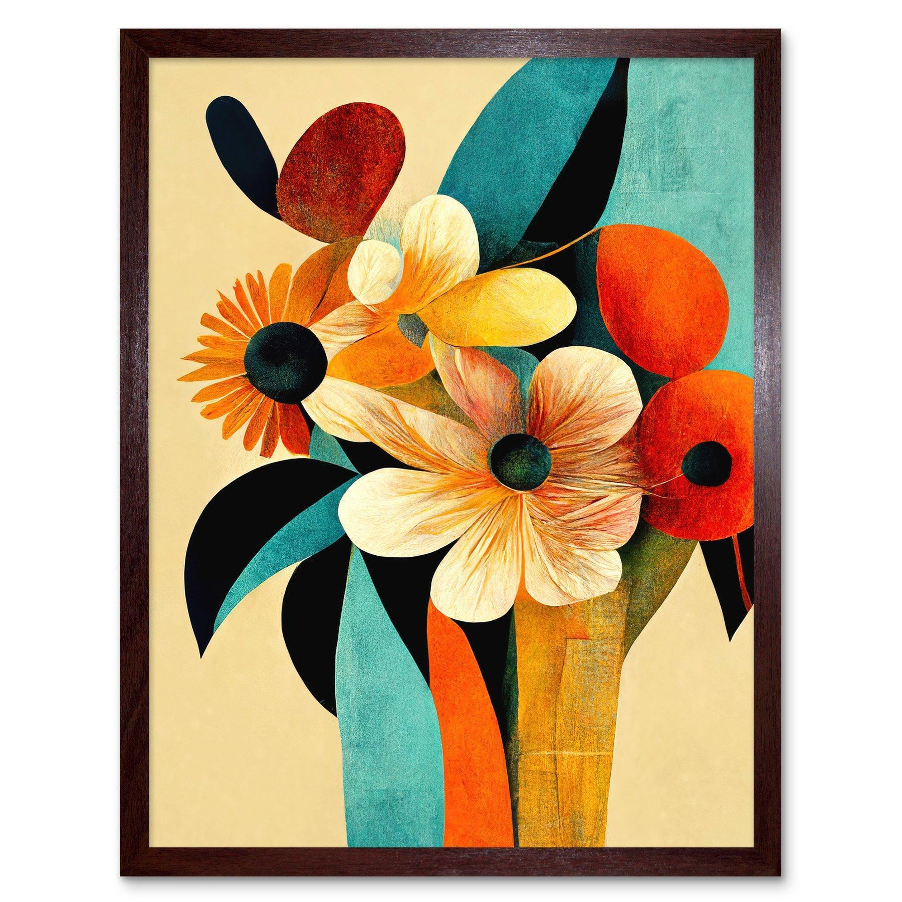 Wall Art Print Vibrant Modern Abstract Oil Painting Summer Flower Bouquet Teal Orange Art Framed - image 1
