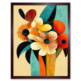 Wall Art Print Vibrant Modern Abstract Oil Painting Summer Flower Bouquet Teal Orange Art Framed - thumbnail 1