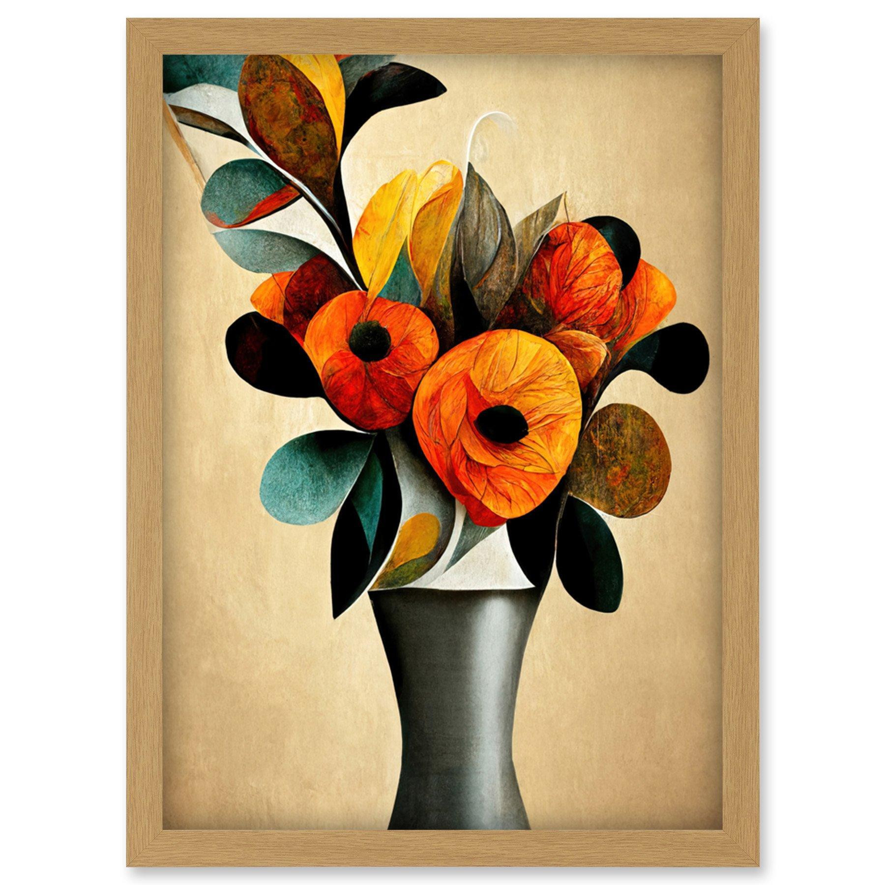 Abstract Autumn Field Flower Bouquet Silver Vase Orange Artwork Framed Wall Art Print A4 - image 1