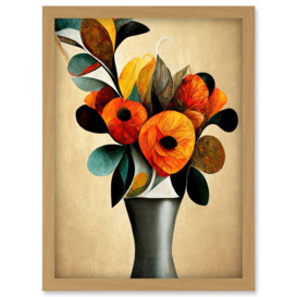 Abstract Autumn Field Flower Bouquet Silver Vase Orange Artwork Framed Wall Art Print A4