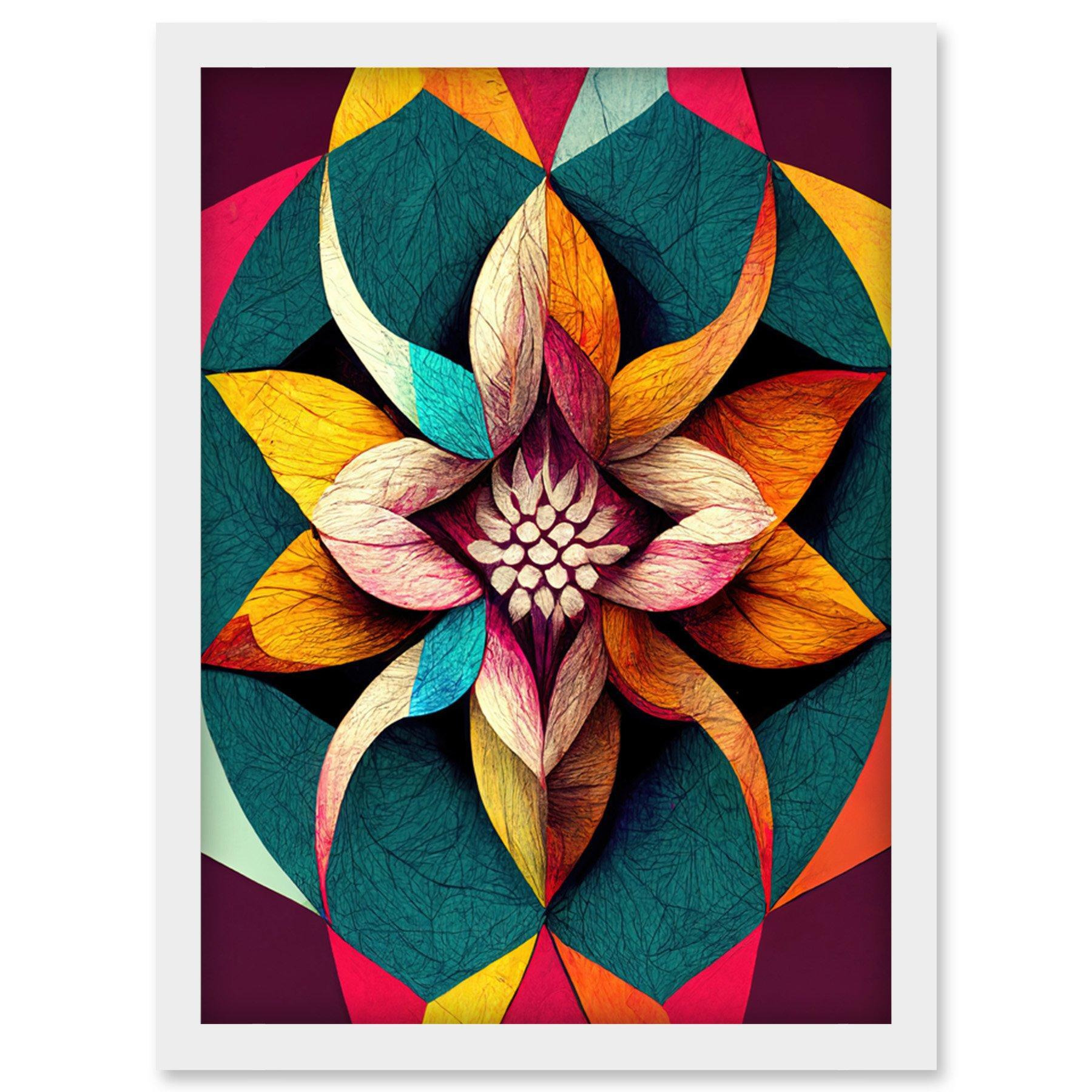 Geometric Floral Multicoloured Mandala Shapes Artwork Framed Wall Art Print A4 - image 1