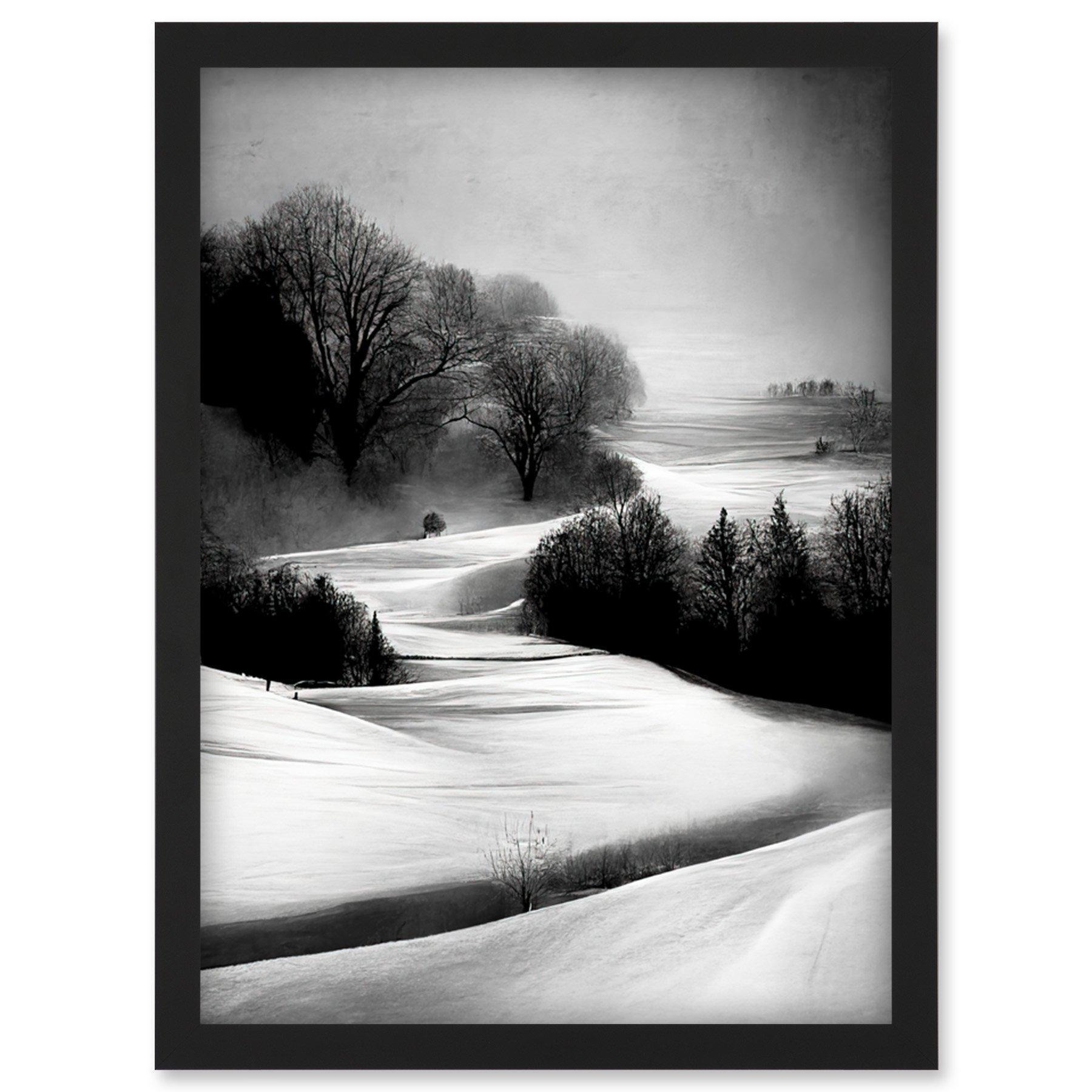Monochrome Winter Landscape Scene Artwork Framed Wall Art Print A4 - image 1