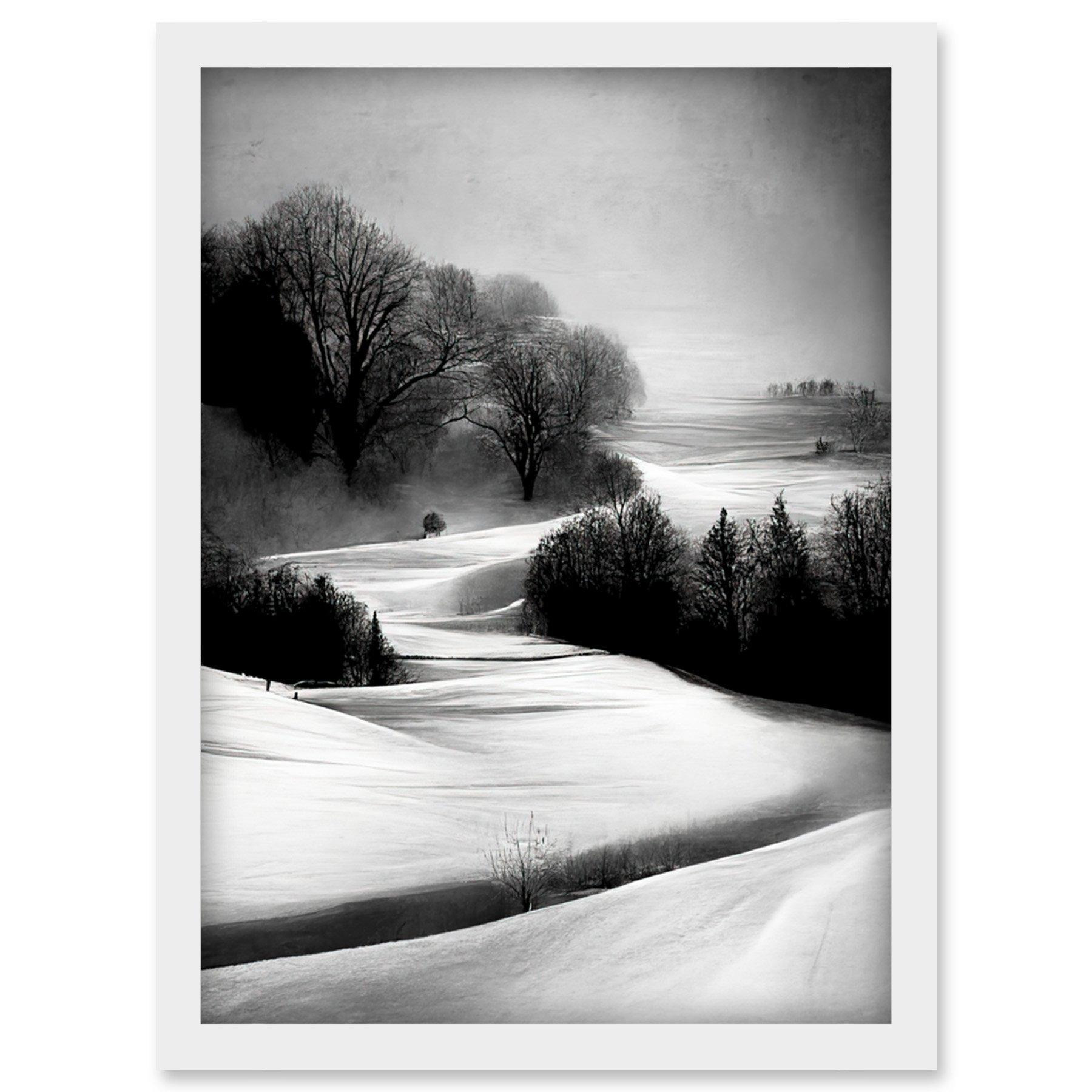 Monochrome Winter Landscape Scene Artwork Framed Wall Art Print A4 - image 1