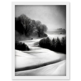 Monochrome Winter Landscape Scene Artwork Framed Wall Art Print A4