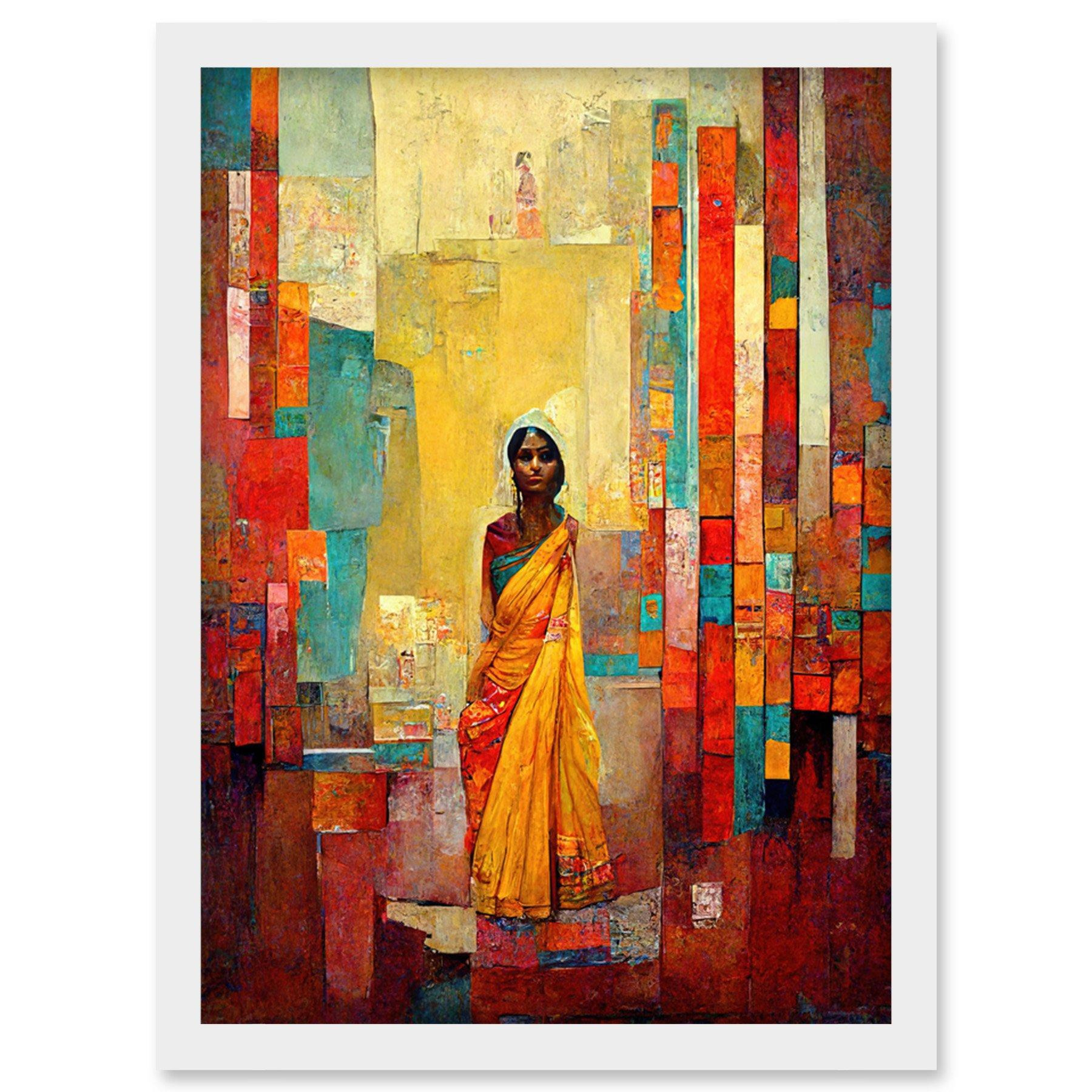 Bright Bold Woman Yellow Saree Sari Hindu Muslim Skirt Dress Painting Artwork Framed Wall Art Print A4 - image 1