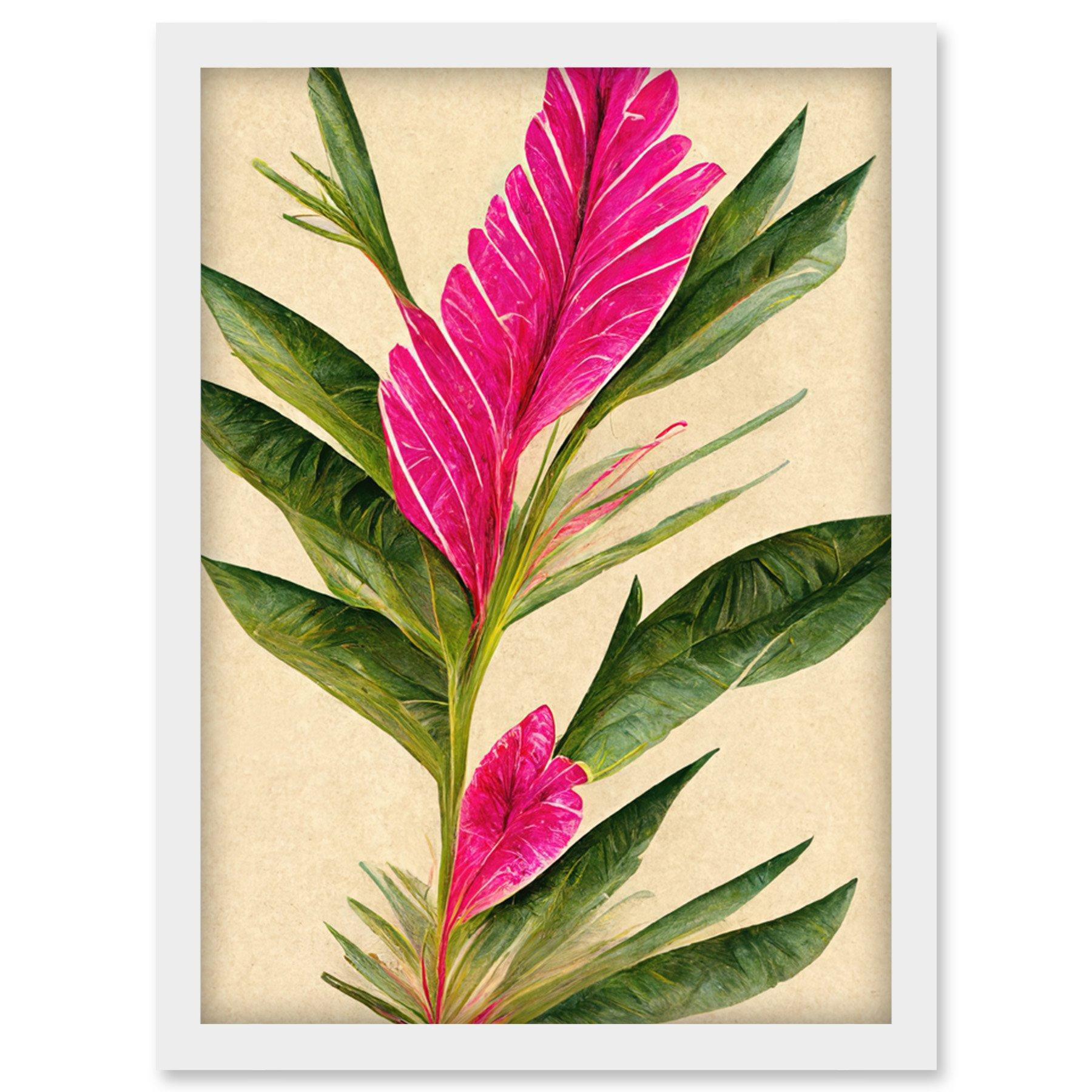 Hawaiian Flower Leaves Illustration In Fuchsia And Green Artwork Framed Wall Art Print A4 - image 1