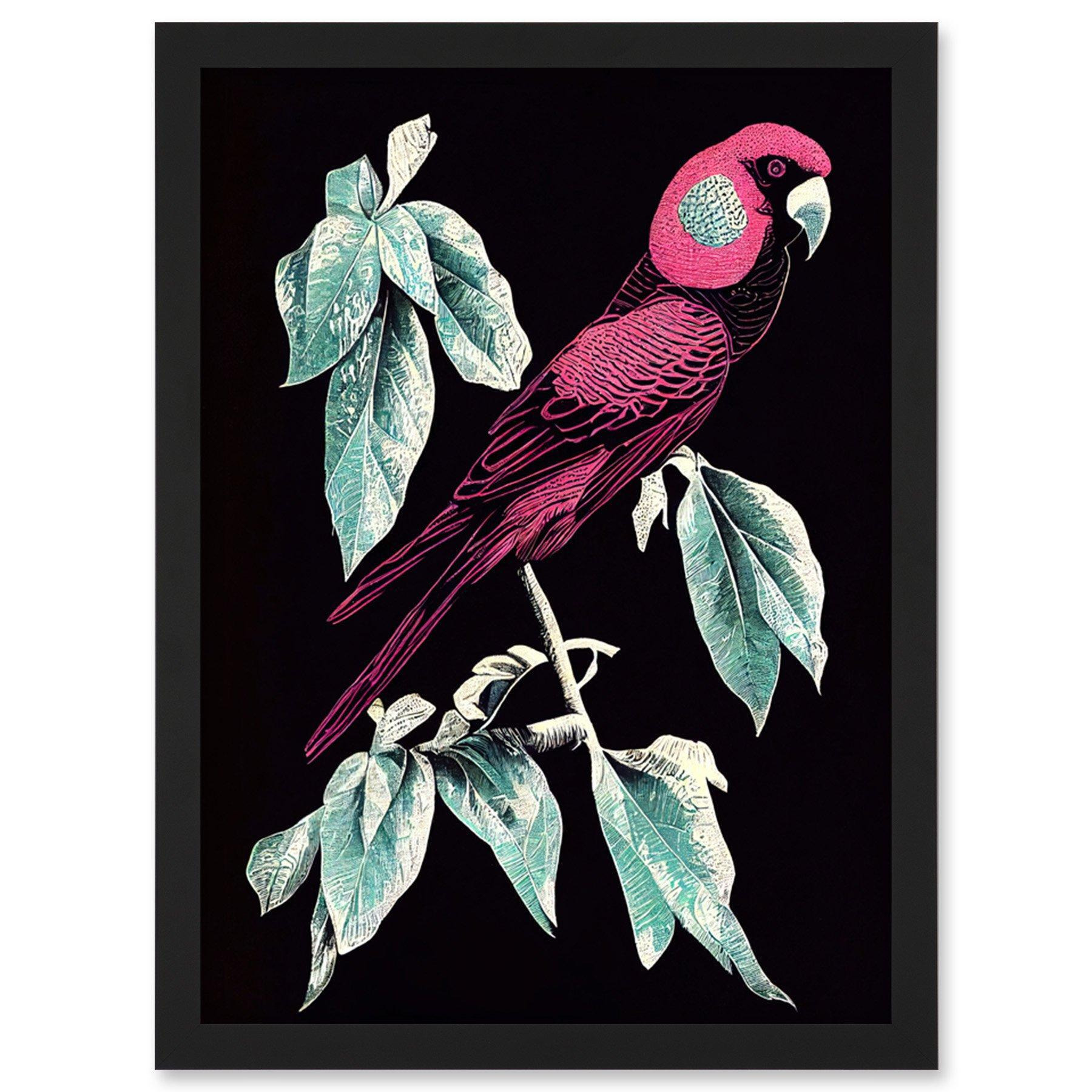 Coral Parrot On Tree Branch Silver Linocut Illustration Modern Vibrant Artwork Framed Wall Art Print A4 - image 1