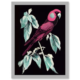 Coral Parrot On Tree Branch Silver Linocut Illustration Modern Vibrant Artwork Framed Wall Art Print A4 - thumbnail 1