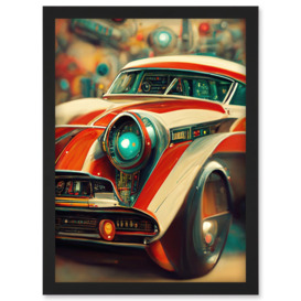 Atompunk Retro Striped Red Classic Car In Repair Shop Kids Artwork Framed Wall Art Print A4 - thumbnail 1