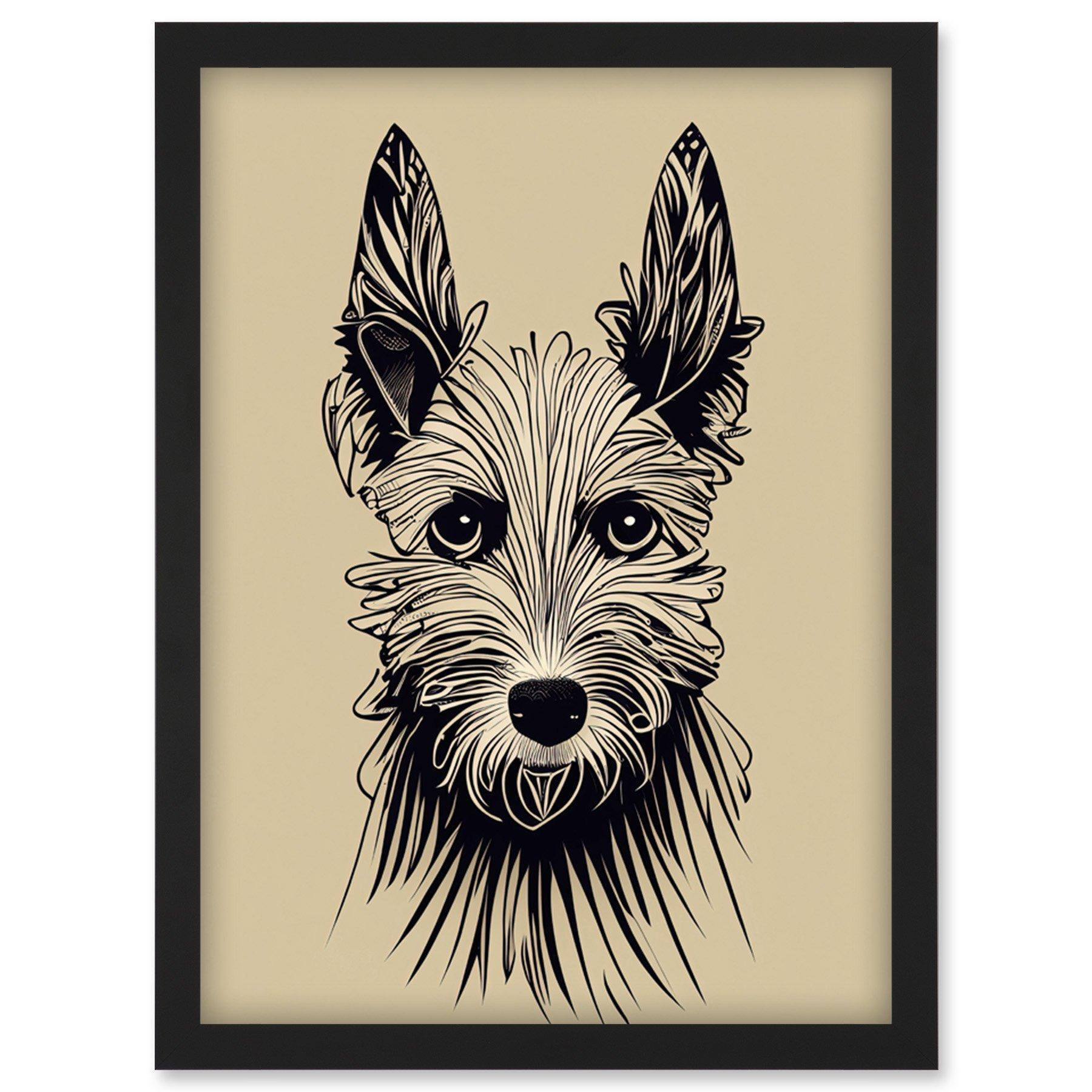 Portrait Of A Terrier Dog Cute Illustration On Tan Artwork Framed Wall Art Print A4 - image 1