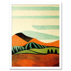 Wall Art Print Abstract Eclectic Tangerine And Olive Countryside Linocut Art Framed