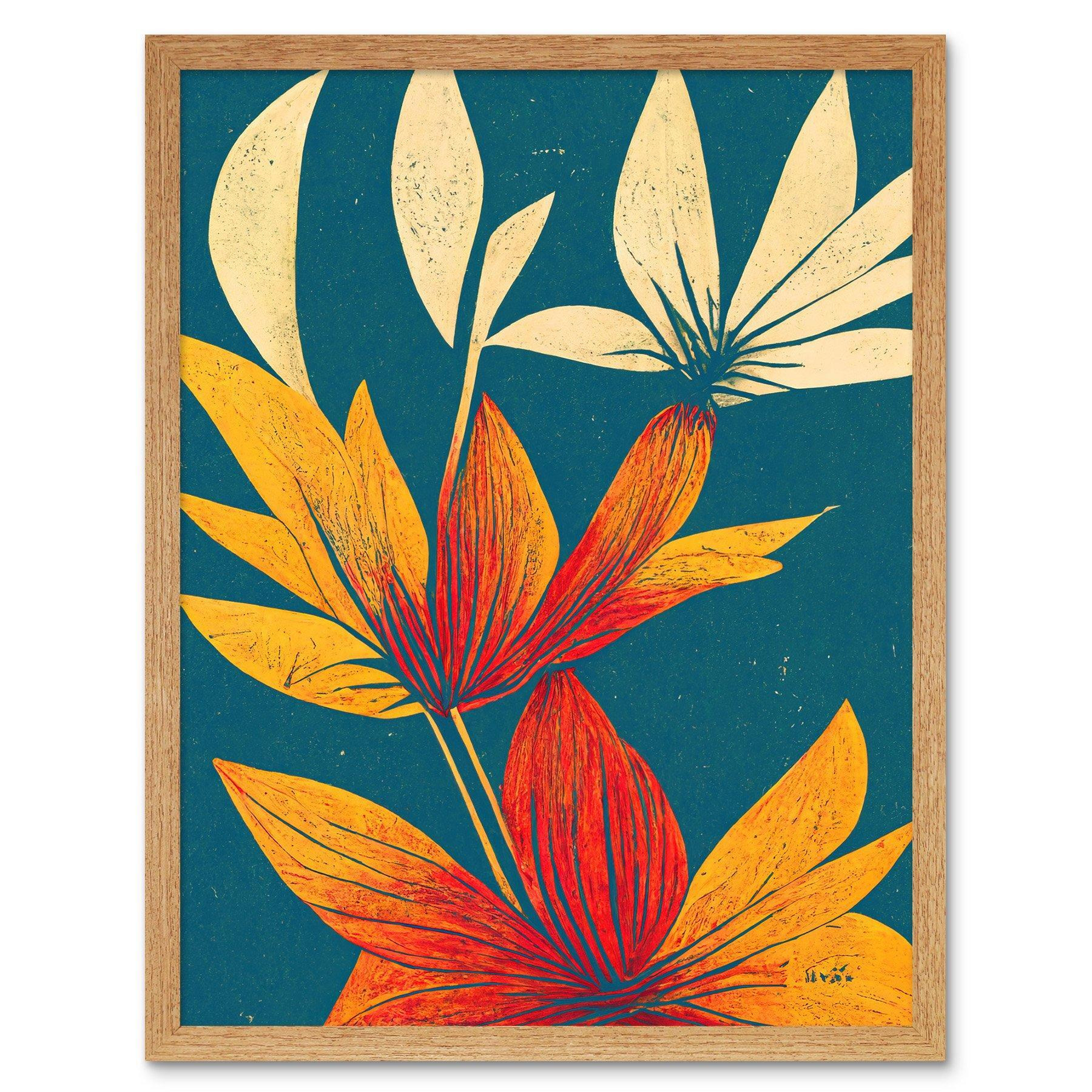 Abstract Tropical Leaf Linocut Flowers Blue Gold Art Print Framed Poster Wall Decor 12x16 inch - image 1