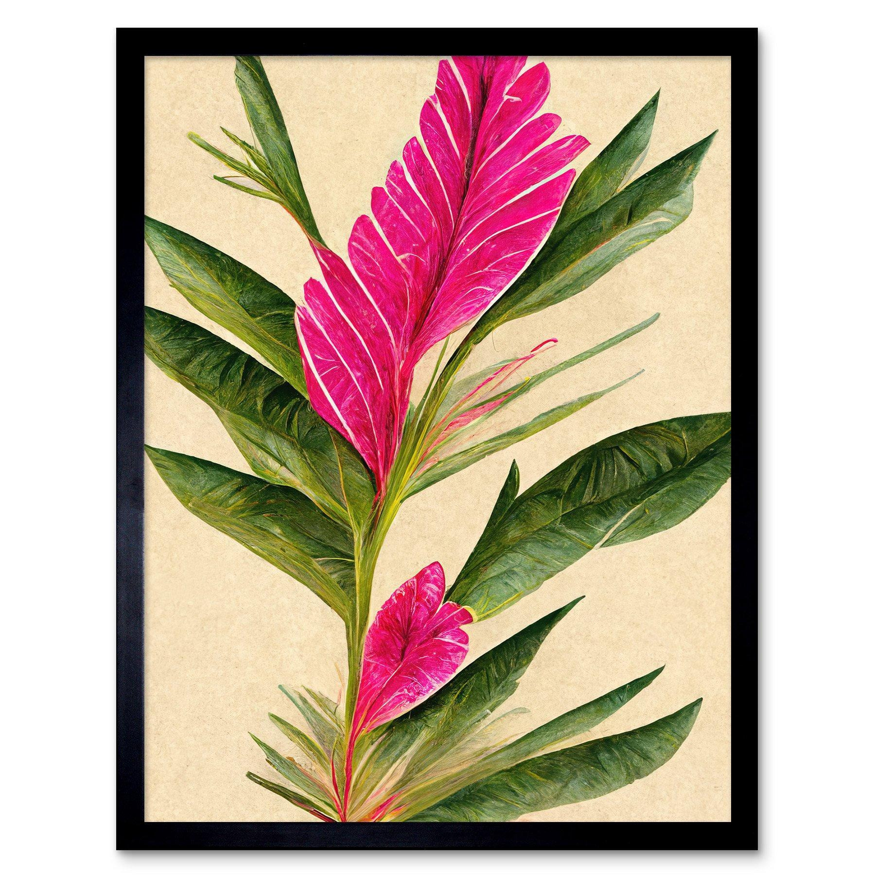 Hawaiian Flower Leaves Illustration In Fuchsia And Green Art Print Framed Poster Wall Decor 12x16 inch - image 1