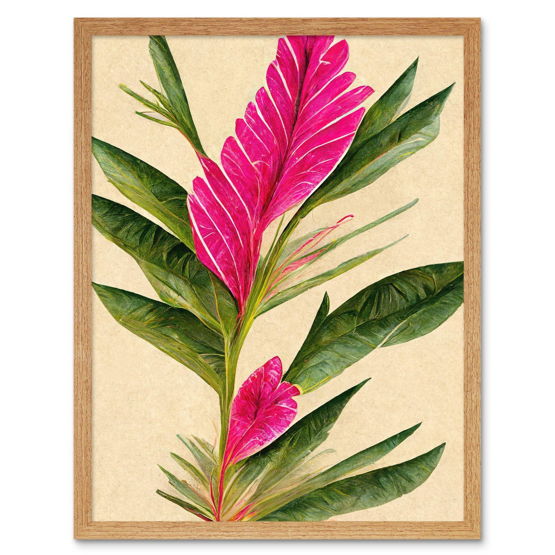Hawaiian Flower Leaves Illustration In Fuchsia And Green Art Print Framed Poster Wall Decor 12x16 inch - image 1