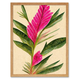 Hawaiian Flower Leaves Illustration In Fuchsia And Green Art Print Framed Poster Wall Decor 12x16 inch - thumbnail 1
