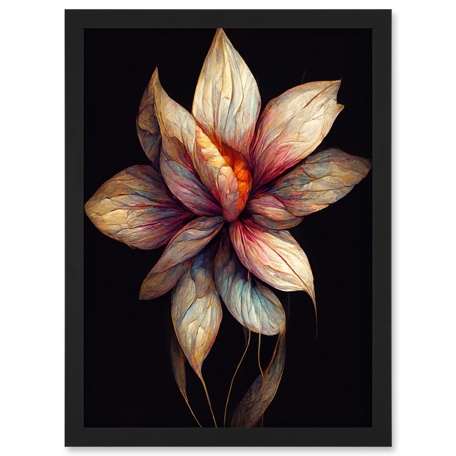 Floral Abstract Botanical On Black Background Artwork Framed Wall Art Print A4 - image 1