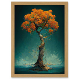 Elegant Ancient Lone Autumn Fall Tree On Teal Artwork Framed Wall Art Print A4