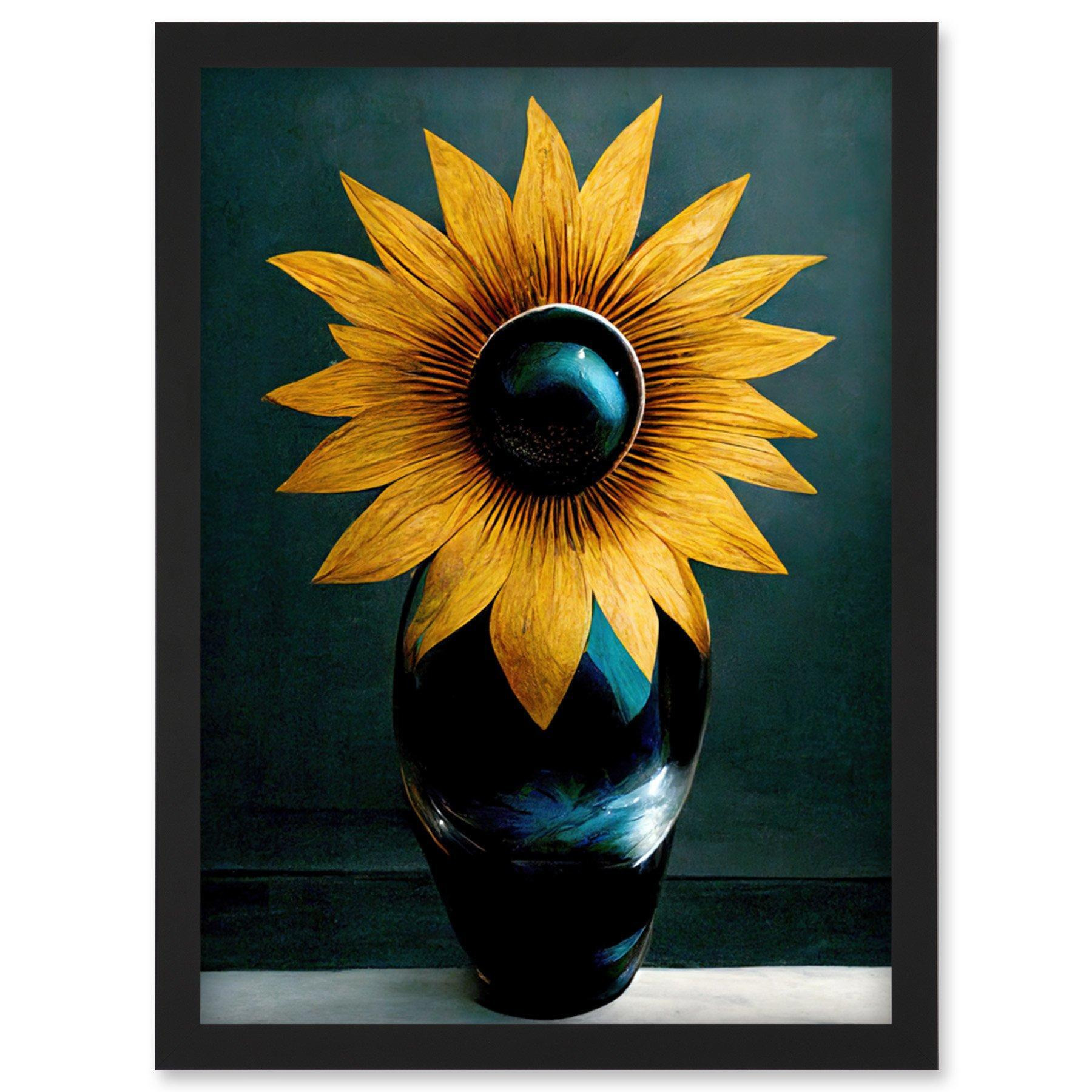 Modern Bright Single Yellow Black Sunflower In Vase Artwork Framed Wall Art Print A4 - image 1