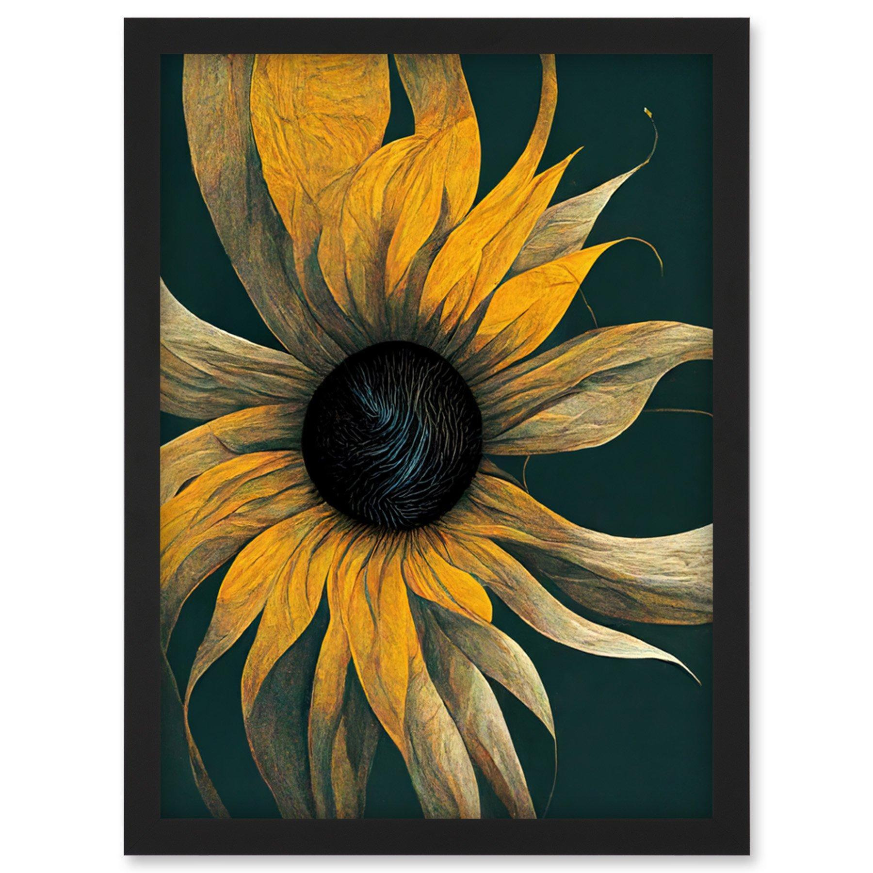 Abstract Modern Sunflower Black Yellow Artwork Framed Wall Art Print A4 - image 1