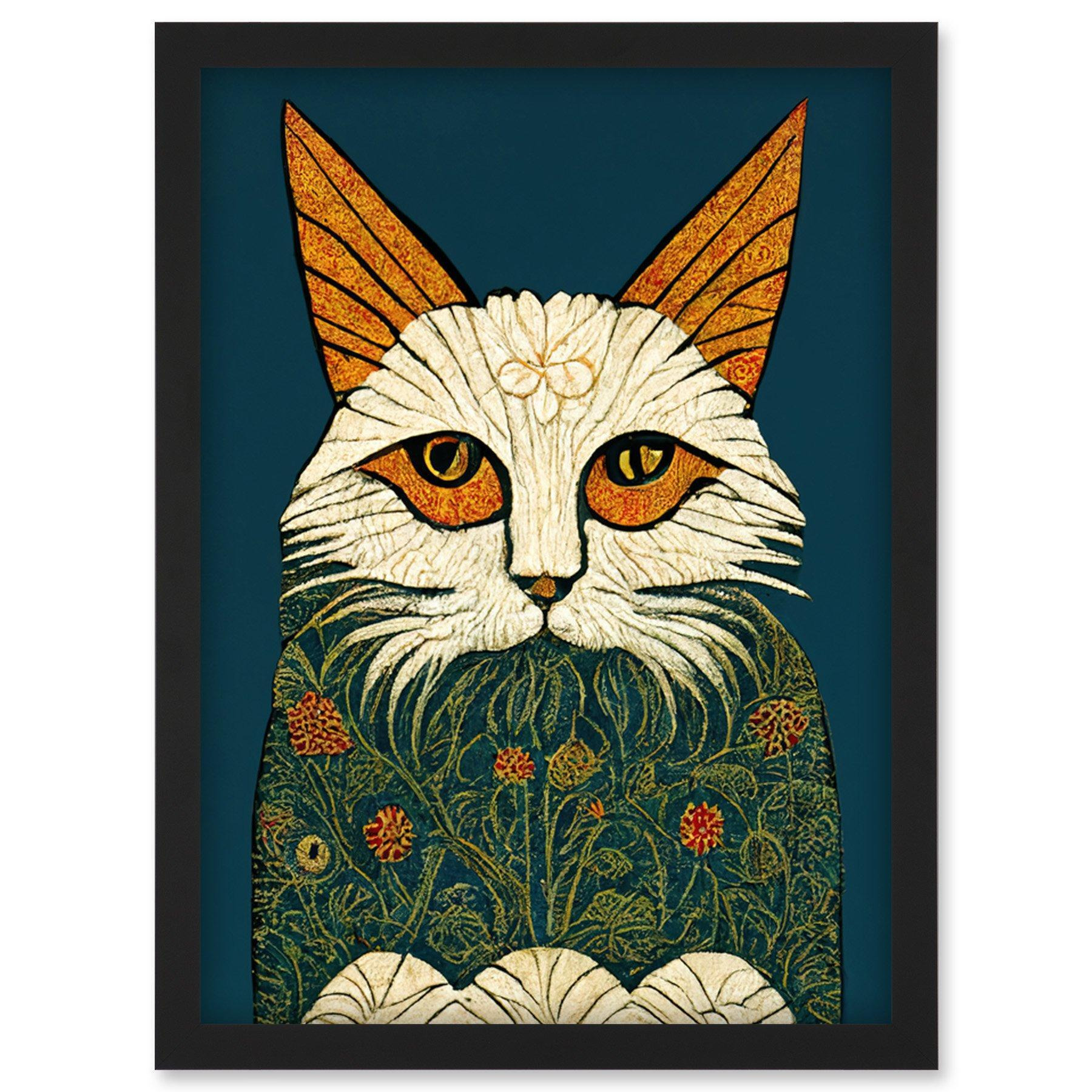 Melancholy Moggie Cat Illustration William Morris Style Teal Gold Artwork Framed Wall Art Print A4 - image 1
