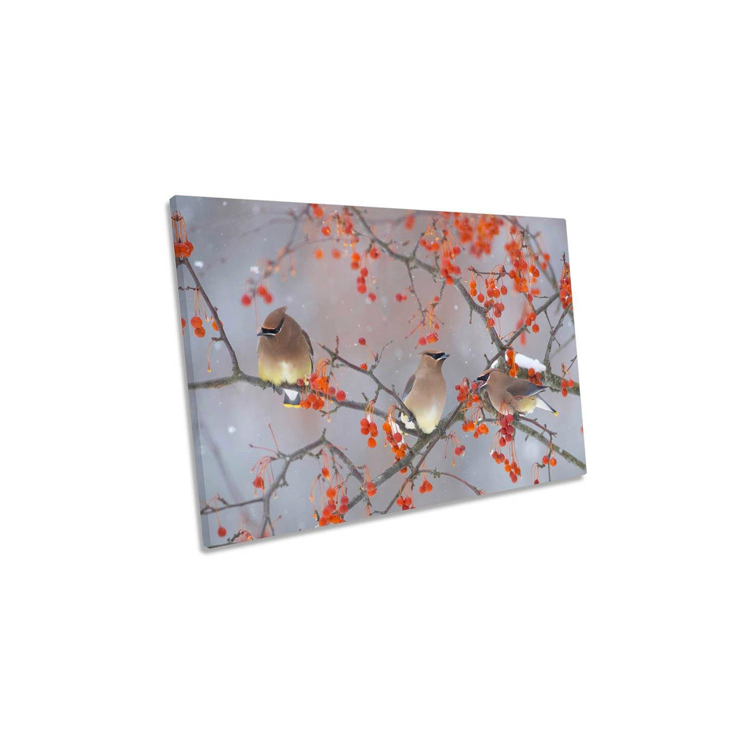 Birds in a Red Tree Branch Canvas Wall Art Picture Print - image 1