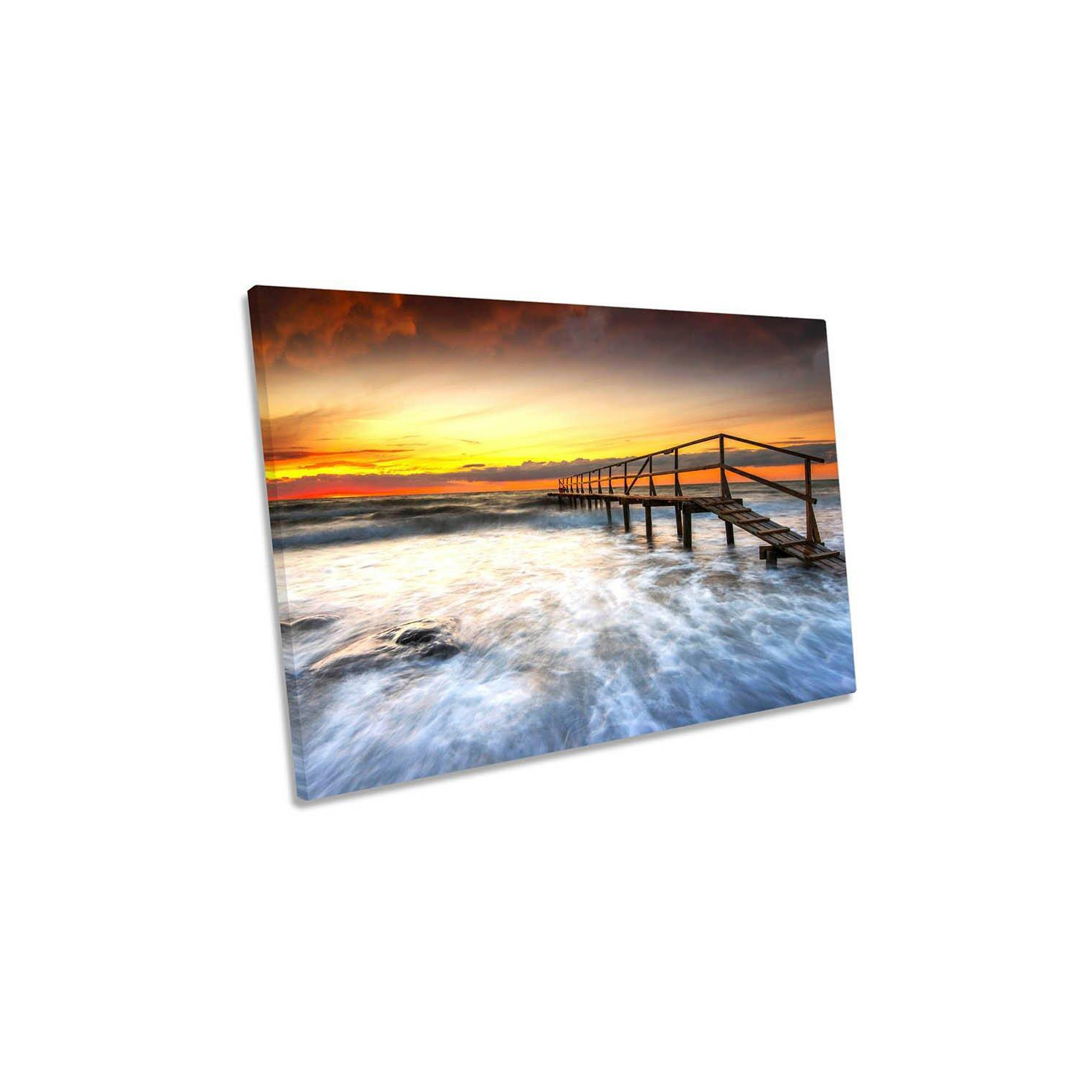 Sunset Pier Orange Seascape Beach Canvas Wall Art Picture Print - image 1
