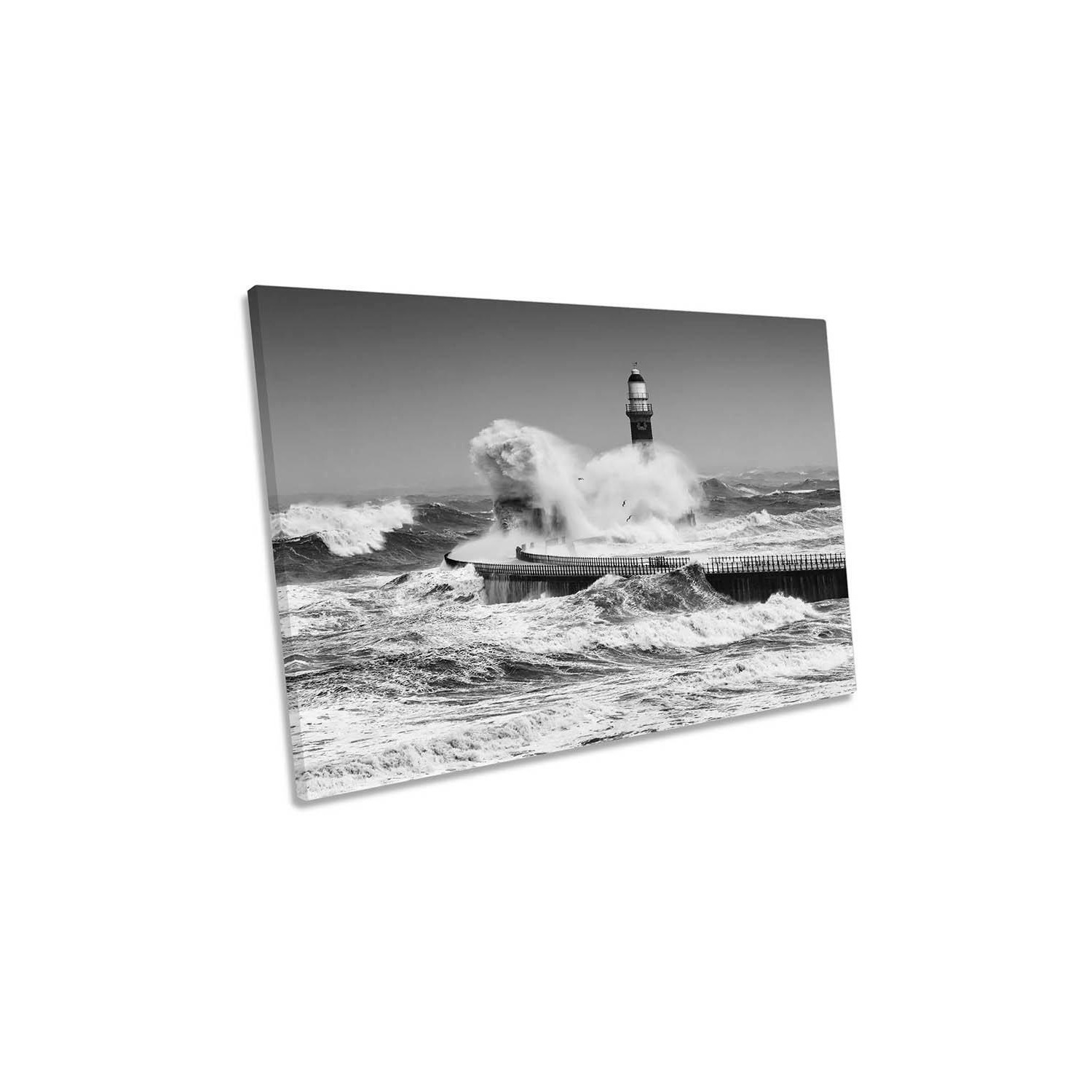 Powerful Ocean Lighthouse Sunderland Canvas Wall Art Picture Print - image 1