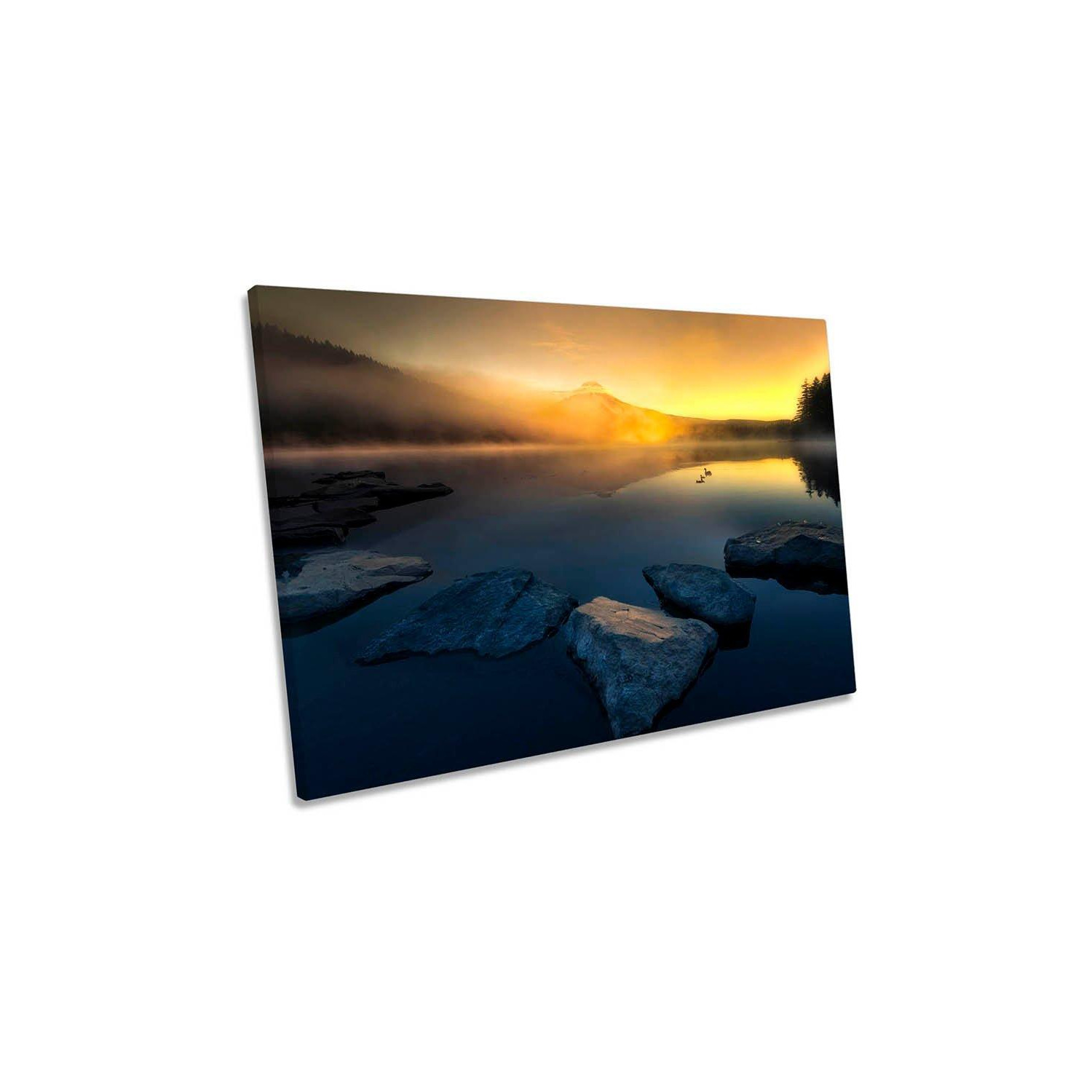 Golden Hour Calm Lake Ducks Mountain Canvas Wall Art Picture Print - image 1